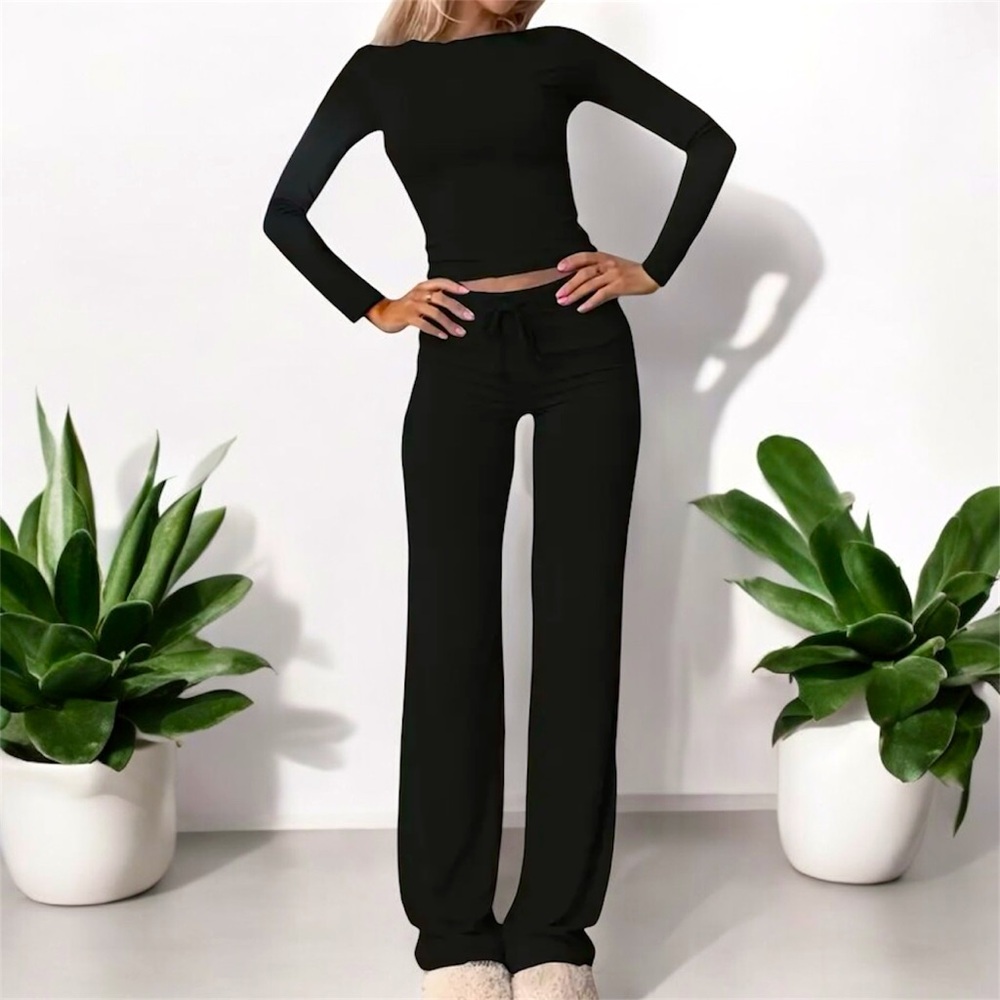 Ribbed Long Sleeve Drawstring Pajama Set, Size XL, 95% Modal, 5% Spandex